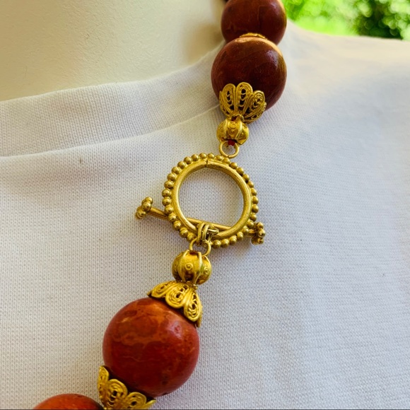Large size red real Coral balls Necklace & Gold tone real silver Earrings 3 Pc - Picture 6 of 16